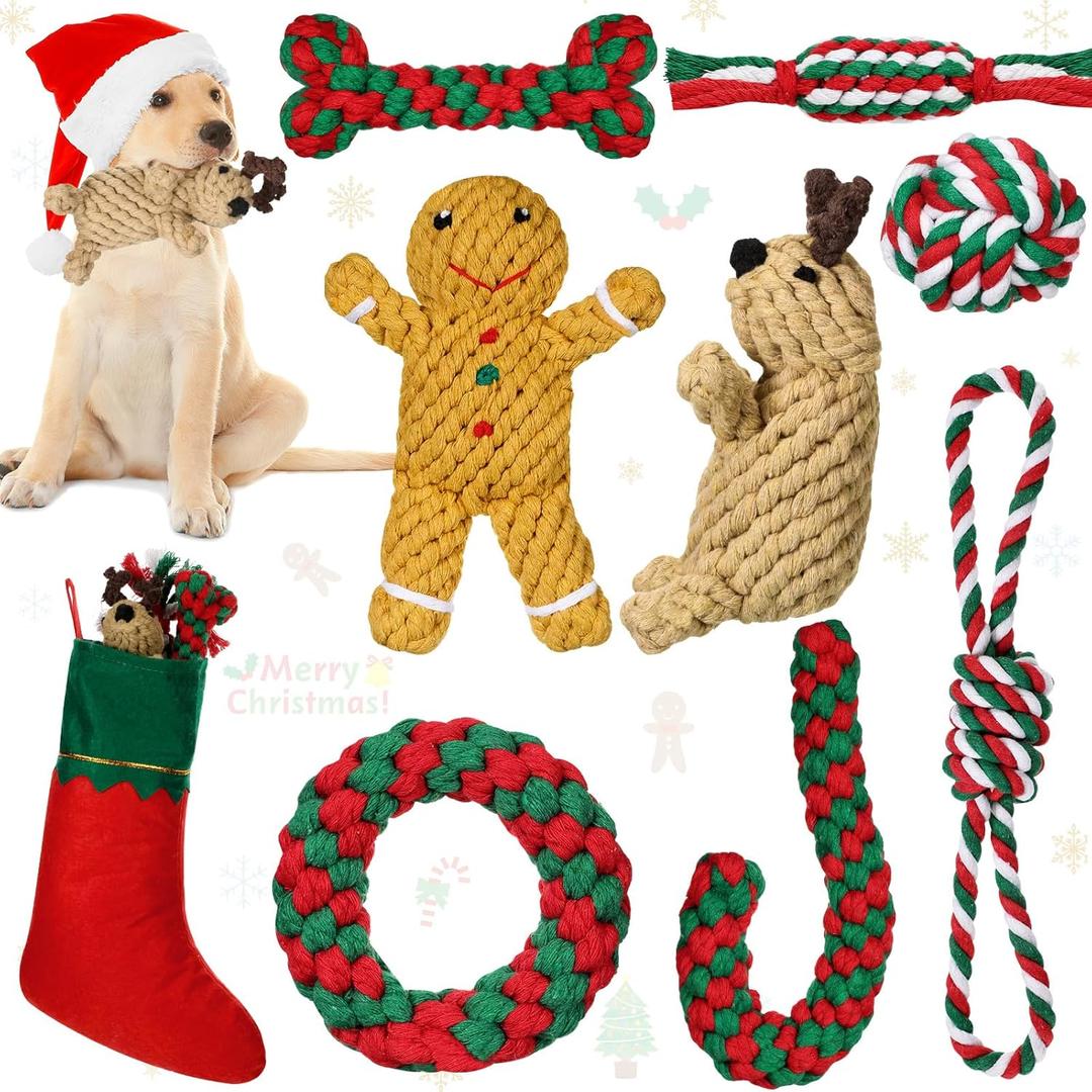 Sadnyy Christmas Dog Rope Toys Gingerbread Man Reindeer Puppy Chew Xmas Toys Set Interactive Dog Stocking Stuffers, Tough for Puppy Small Medium Gifts Pet Playing Teething Cleaning