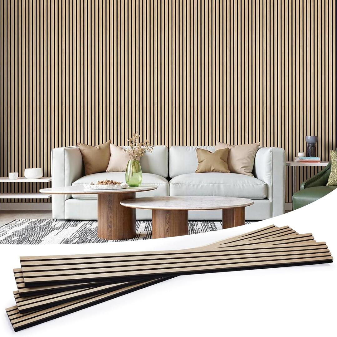 LARWORKS Wood Slat Wall Panels 4 Pack 94.5" x 7.9", Acoustic Wooden Panel for Wall, Soundproof 3D Fluted Panels for Interior Wall Decor, Living Room, Bedroom - Oak (Cover Approx.21 sq.ft) (94.5*31.6 inch)