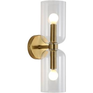 Minimalist 2-Light Gold Wall Sconces with Cylinder Glass Shades- Mid Century Vanity Wall Double Lights Hardwired- Modern Indoor Glass Wall Mounted Art Decor Lights, Clear, 1 Pack 