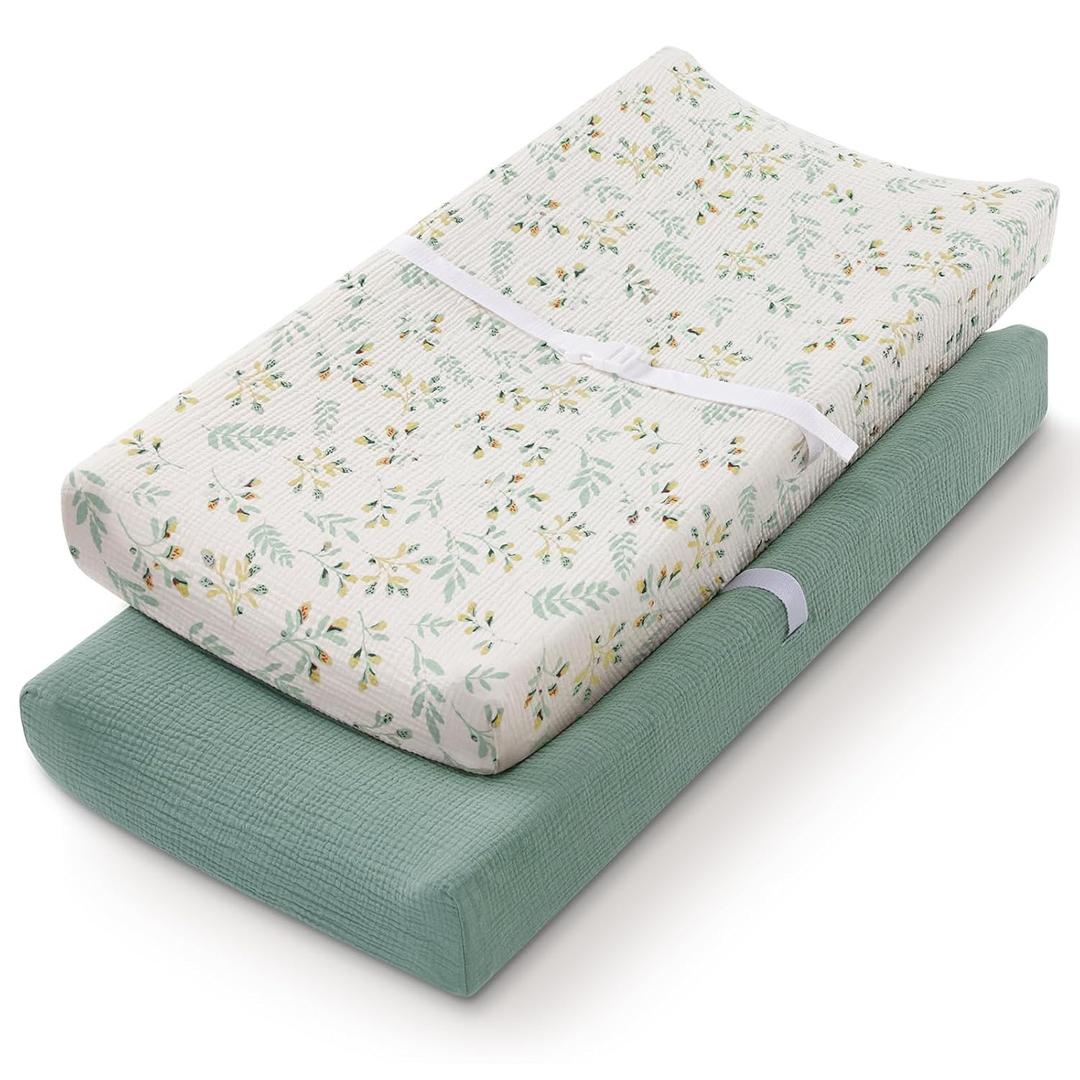 Blissful Diary Muslin Changing Pad Cover for Girls Boys, Ultra Soft Breathable Cotton, Baby Diaper Change Table Pad Covers, 2-Pack (Roman Green & Leaf)