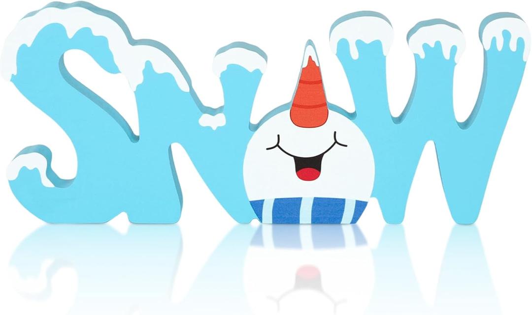 Winter Table Decor Wooden Snow and Snowman Blue Christmas Decorations for Office Desk Farmhouse Home Office Kitchen Shelves Decorative (Snow)