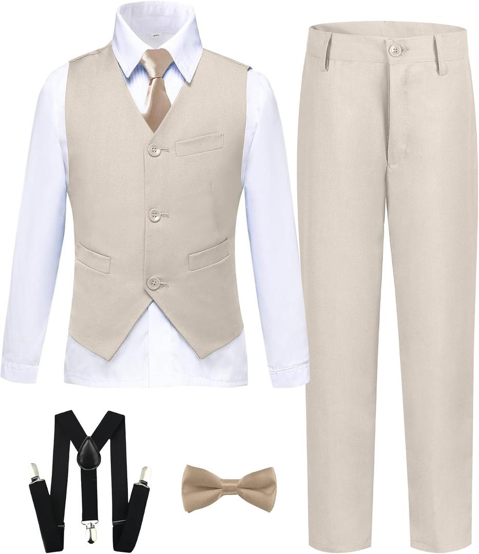 Boy's Formal Suit 7 Piece Slim Fit Tuxedo for Kids Teen Boys Jacket Vest and Pants Set for Wedding with Bow Tie Suspenders, 6Y
