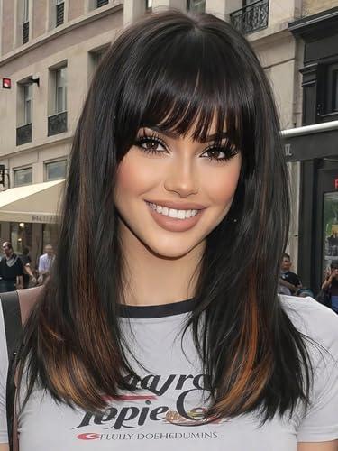 AISI HAIR (Beginner Friendly Wigs) Dark Brown with Blonde Highlights Wig with Bangs for Women, Middle Length Natural Layered Straight Wig for Daily Party