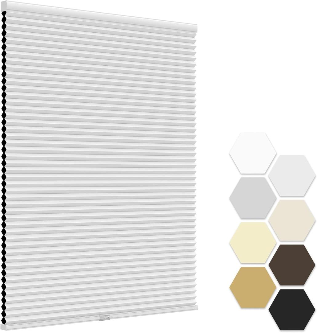 LazBlinds No Tools No Drill Cordless Cellular Shades, Blackout Honeycomb Shades Room Darkening Pleated Blinds for Window Size 26" W x 72" H, White