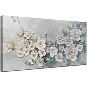 Brushart Large White Flower Wall Art Textured Floral Canvas Wall Art Decor Pictures Paintings Artwork for Living Room Dining Room Bedroom Home Office, 48"x24"