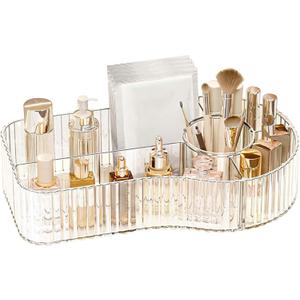 DASITON Large Capacity Makeup Organizer,5 Slot Makeup Brush Holder,Vintage Striped Make Up Brush Holder,for Vanity Decor,Bathroom Countertops,Desk Storage Container,Cosmetic Display Cases(Clear)