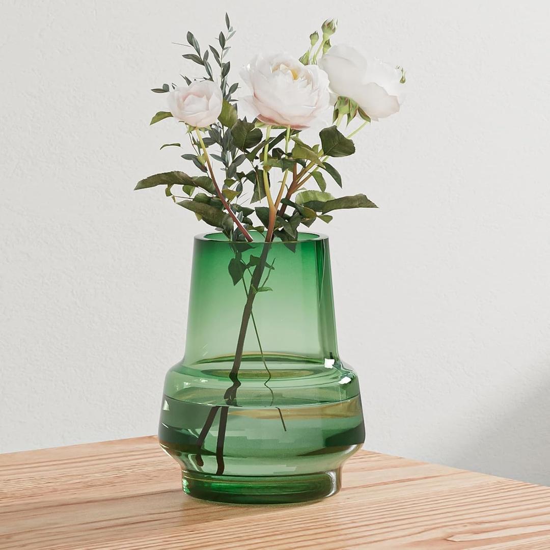 Green Glass Flower Vase for Centerpieces Bouquet Flowers Modern Wide Mouth Glass Vase Decorative Bud Vases for Home Decor, Living Room, Kitchen, Dining Table, Entryway 7.3 Inch
