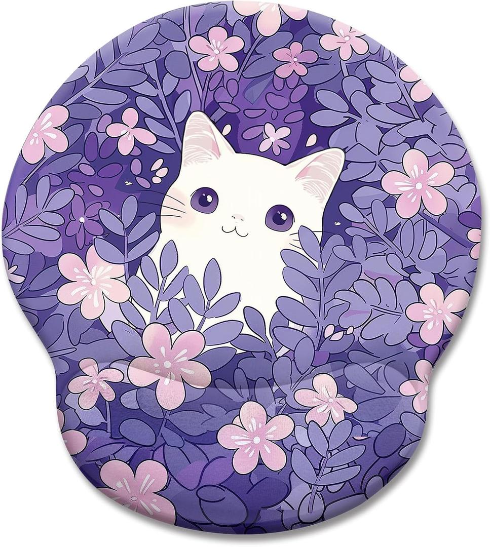 LIMKRIAN Purple Mouse Pad with Wrist Rest, Cat Ergonomic Mouse Pad Wrist Support with Non-Slip Pain Relief PU Base, Funny Computer Mousepad, Cute Kawaii Purple Office Supplies Desk Accessories Decor
