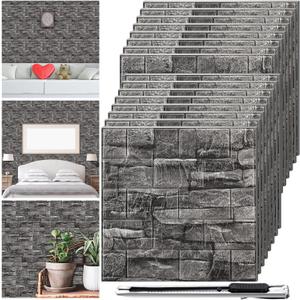 Colarr 60 Pcs 28. 8 Sq ft 3D Wall Panels Peel and Stick Faux Foam 3D Brick Wallpaper Faux Paneling Adhesive Wall Covering Panels Decorative Medieval Tiles Waterproof for Bedroom(Black Stone Color)