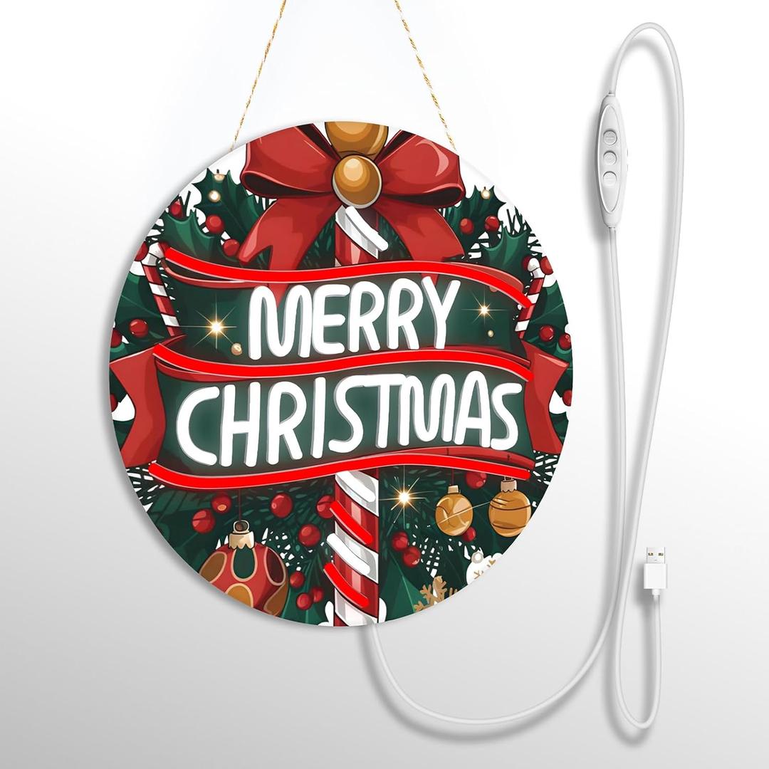 Merry Christmas Welcome Sign for Front Door with Light Strip Front Door Xmas Decoration 12.5UV-Printed PVC Foam Board Porch Sign for Christmas Decor Indoor Outdoor Home Wall(Candy Cane)