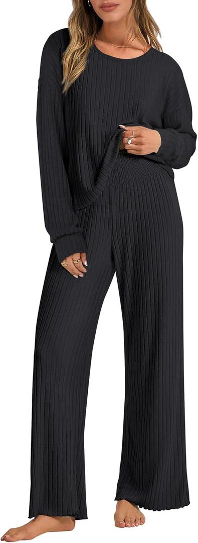 ANRABESS Women 2 Piece Lounge Pajamas Sets Casual Ribbed Knit Long Sleeve Top Pants Matching Set 2025 Fall Outfits Clothes (Medium, Black)