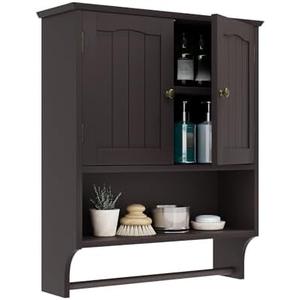 Smuxee Brown Wall Cabinet with Towel Bar - Medicine Cabinet with Adjustable Shelves, Over Toilet Cabinet for Laundry Room Kitchen