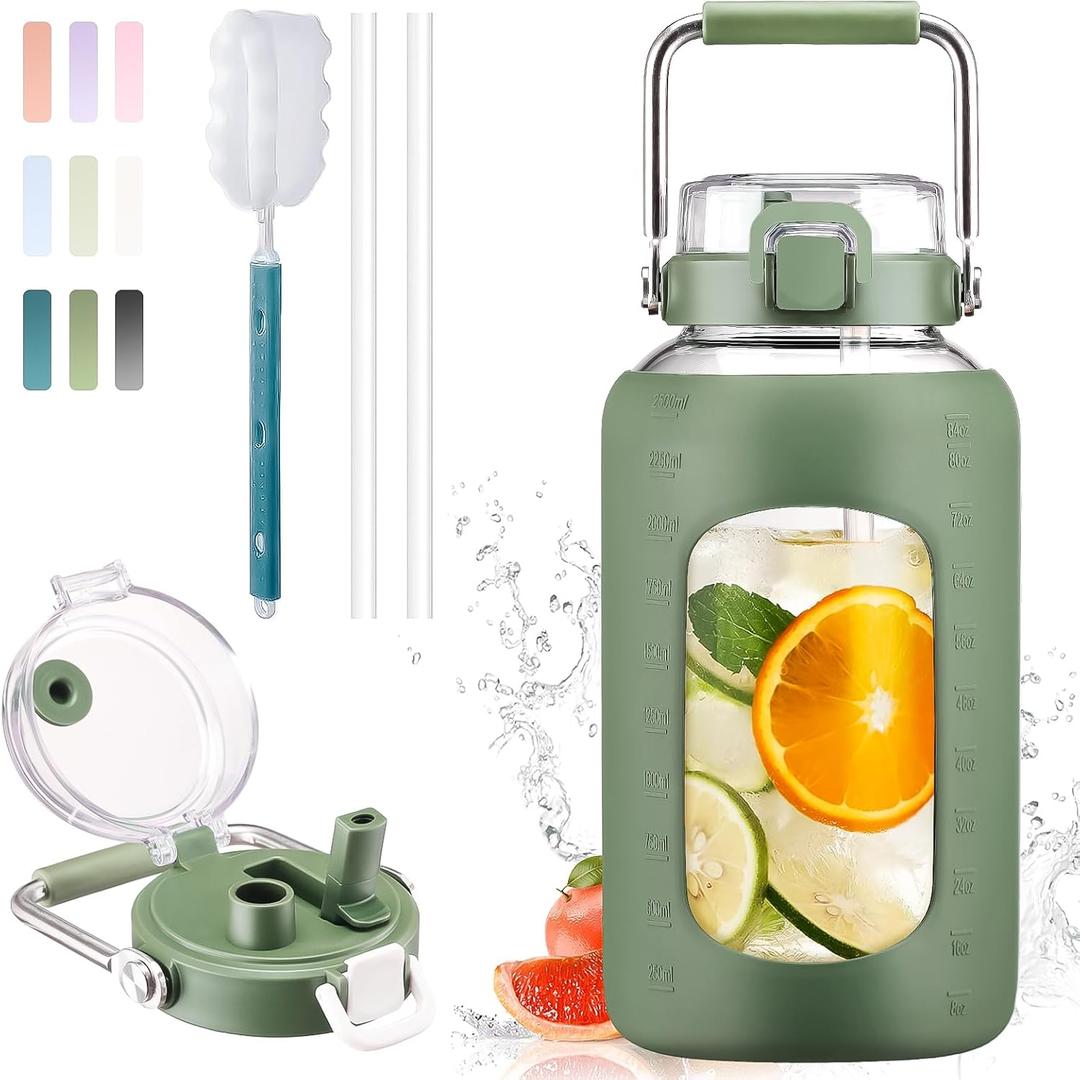 BLUEGO 84oz Water Bottle Glass with Stainless Steel Handle Large Water Bottle with Time Markers and Silicone Sleeve Half Gallon Water Jug BPA Free for Gym Daily Use, Olive