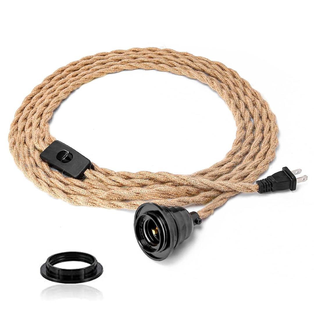 Industrial 15ft Pendant Light Cord - Hanging Light Kit with Switch Plug, Plug-in Pendant Light Cord Rope Pendant Lights Socket Set E26 E27 for Pendant Lamp Farmhouse Lamp Cable DIY Room Decor (Hemp Rope Brown)