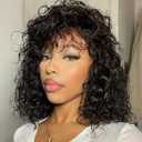 Short Water Wave Human Hair Wig with Bangs 100% Virgin Human Hair Wet and Wavy Human Hair Wig 150% density Bob Curly Wigs Wear and Go Bangs Water Curly Human Hair Wigs for Black Women 12inch
