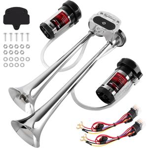 Dual 2-Trumpet Metal Air Horn for truck Kit with 2 air Compressors,12V 150dB Ultra Loud impact train car horn is suitable for pickup/SUV/moto and other vehicles (silvery)