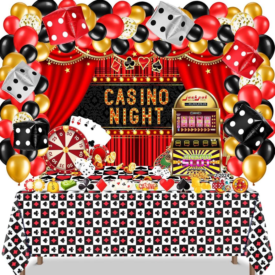 Leyndo 123 Pcs Casino Theme Party Decorations Casino Balloon Arch Garland Kit Black Red Gold Dice Balloons Backdrop Tablecloth Poker Cutouts for Las Vegas Game Night Party Supplies