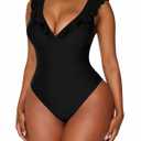 Ciryssa Ruffle One Piece Swimsuit for Women Tummy Control Deep V Black (Black)