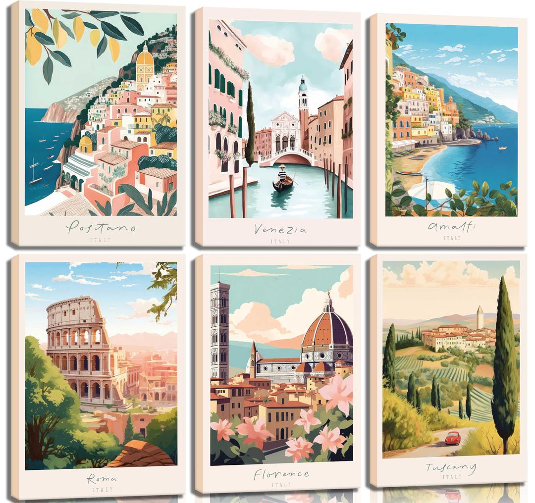 JYHARTJX 6Pcs Europe Italy Canvas Wall Art Vintage Travel Cities Posters Trendy Modern Colorful Landscape Painting Pictures Amalfi Coast Positano Florence Wall Decor Venice Rome Aesthetic Prints