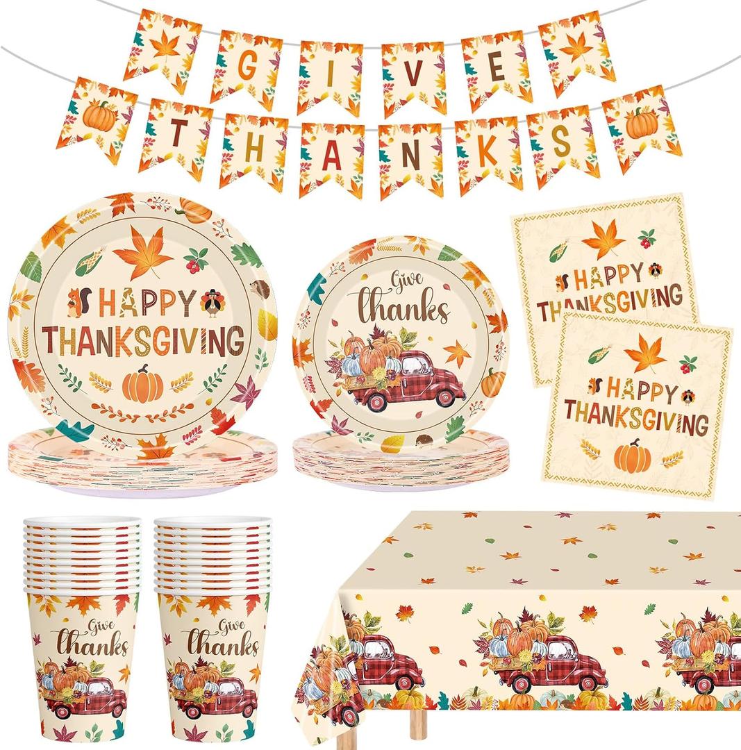 102 Pcs Thanksgiving Party Supplies Sets - Includes Happy Thanksgiving Dinner Paper Plates Napkins, Give Thanks Banner Dessert Plates Cups Tablecloth for Fall Thanks Giving Party Decorations, Serve 25