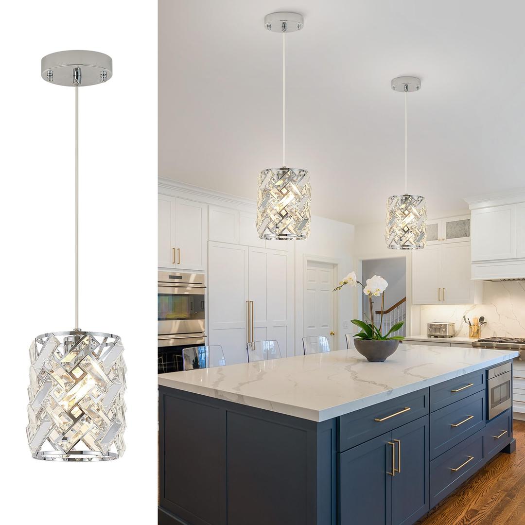 YORKCARE 2 Pack Crystal Pendant Lights, Modern Chrome Finish with Adjustable Cord, Pendant Light for Kitchen Island, Dining Room, Living Room, Hallway, Bedroom