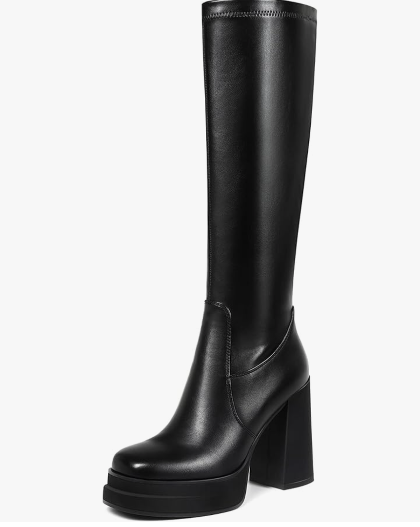 Women's Black Platform Knee High Boots Womens High Chunky Heel Square Toe Stretchy Platform Long Boots Shoes for Women(not for wide calf), Size 6
