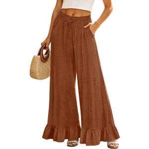 YESNO Women Wide Leg Pants Summer Flowy Ruffle Hem Pants Drawstring Elastic Waist Casual Trousers with Pockets PFL (Brown, L)