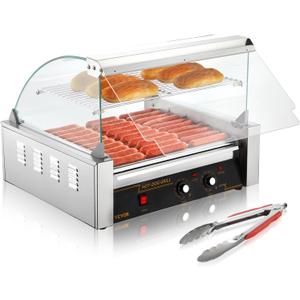 VEVOR Hot Dog Roller, 11 Rollers 30 Hot Dogs Capacity, 1650W Stainless Sausage Grill Cooker Machine with Dual Temp Control Glass Hood Acrylic Cover Bun Warmer Shelf Removable Drip Tray, ETL Certified