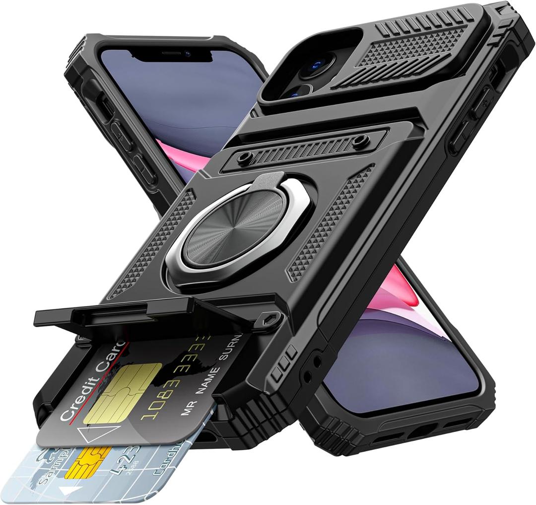 Vofolen for iPhone 11 Wallet Case with Card Holder [Store 2 Cards] + 360 Rotated Ring Stand Kickstand Dual Layer Heavy Duty Shockproof Wallet Phone Case for iPhone 11 for Women Men, 6.1 Inch Black