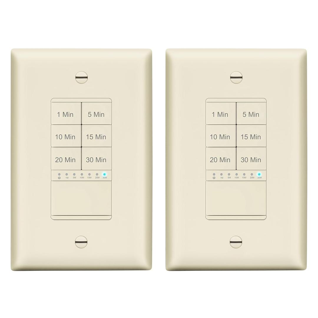 LIDER 30-Minute Countdown Timer Switch with Wall Plate, 1-5-10-15-20-30 Minutes, for Lighting or Fans, LED Indicator, 1200W, Neutral Wire Required, LTS-30M-LAWP2P, Light Almond, 2-Pack