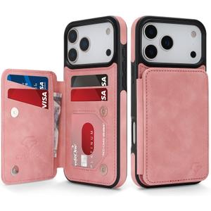 GUERNICA for iPhone 17 Pro Max (6.9") Case Wallet with Card Holder, RFID Blocking Leather Protection, Shockproof Women Men Phone Case for Apple 17 Pro Max, Pink