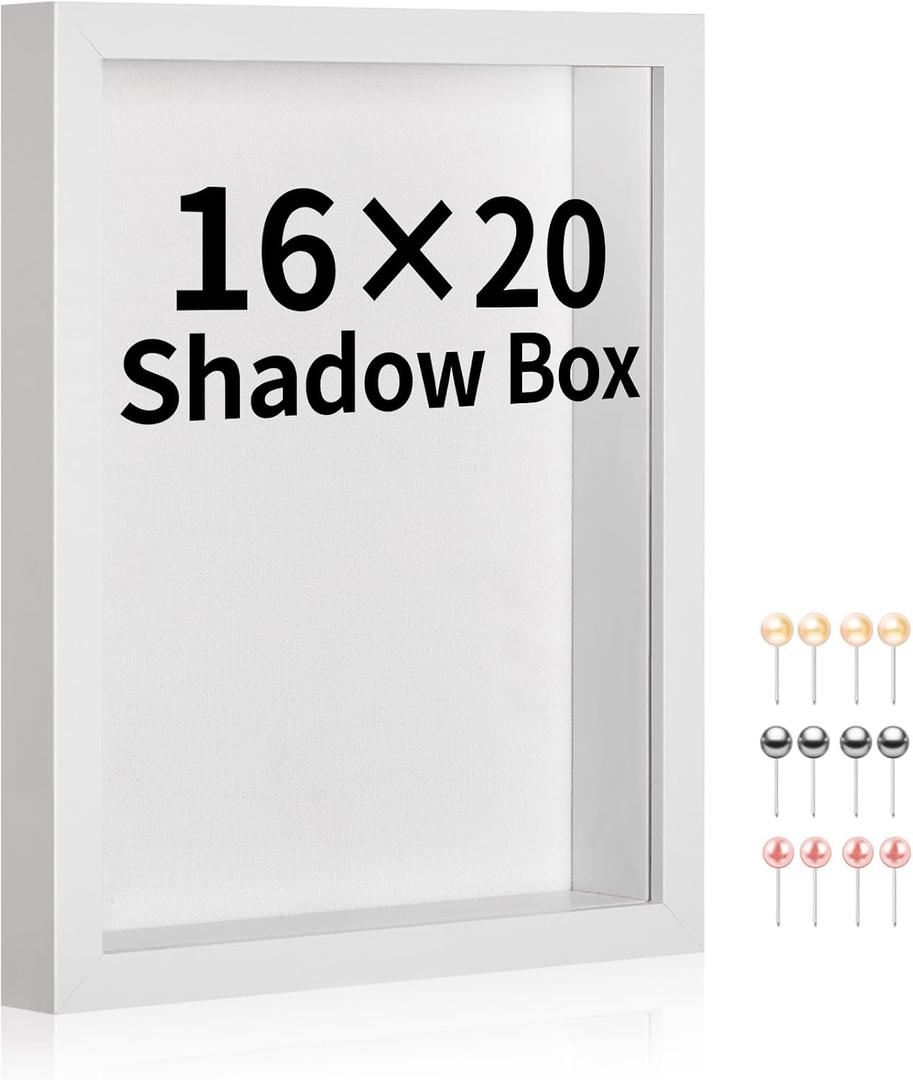 16x20 Shadow Box Picture Frame Display Case with Soft Linen Back-Thickened Panel,Large White Deep Shadow Box Frame 16x20 for Jersey Graduation Items Flower Photo Craft Memorial
