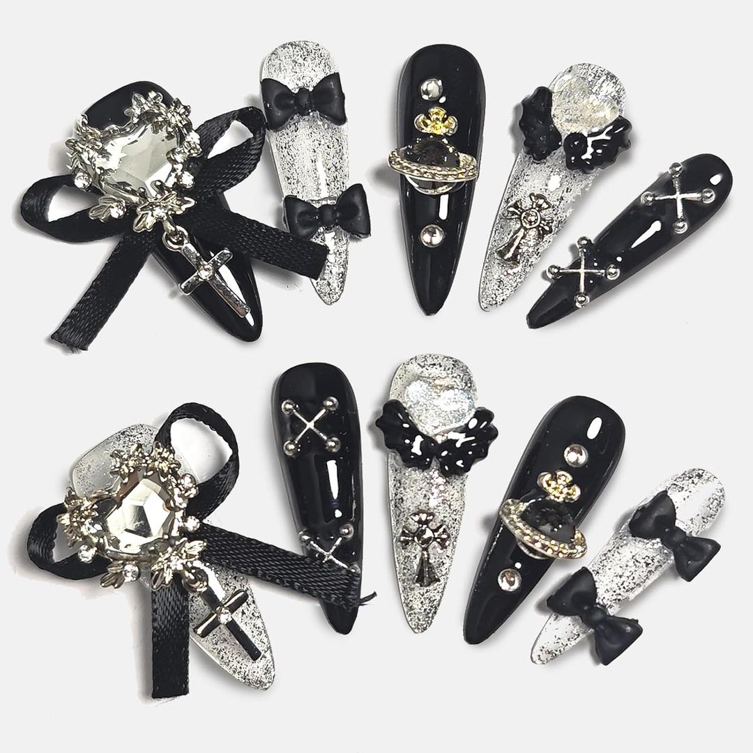 Handmade Press On Nails Stiletto, Black Press On Nails long, Glitter Heart Rhinestone Nails With Bow For Women Gift, Reusable Stick On Fake Nails Kit With Nail Glue (Black Coquette-L)
