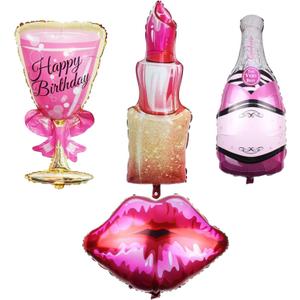 RS 4-Piece Balloon Set (Lips, Lipstick, Champagne Bottle, Goblet) for Women - Durable, Reusable Foil Balloons - Ideal for Birthday, Valentines, Wedding, Bridal Shower Themed Parties