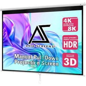 Akia Screens 110-Inch Retractable Projector Screen, Manual Pull Down, 4:3 Aspect Ratio, 8K/4K/HD/3D Compatible, White, Ceiling or Wall Mount, for Home Theater & Office  Model AK-M110V1