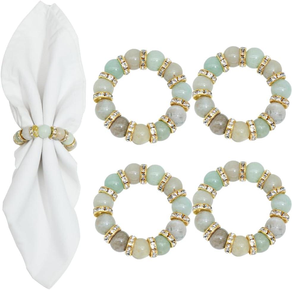 Napkin Rings Set of 4, Gemstone Beads Boho Napkins Ring Holder for Dinner Table Decoration Napkins Rings (Amazonite Stone)