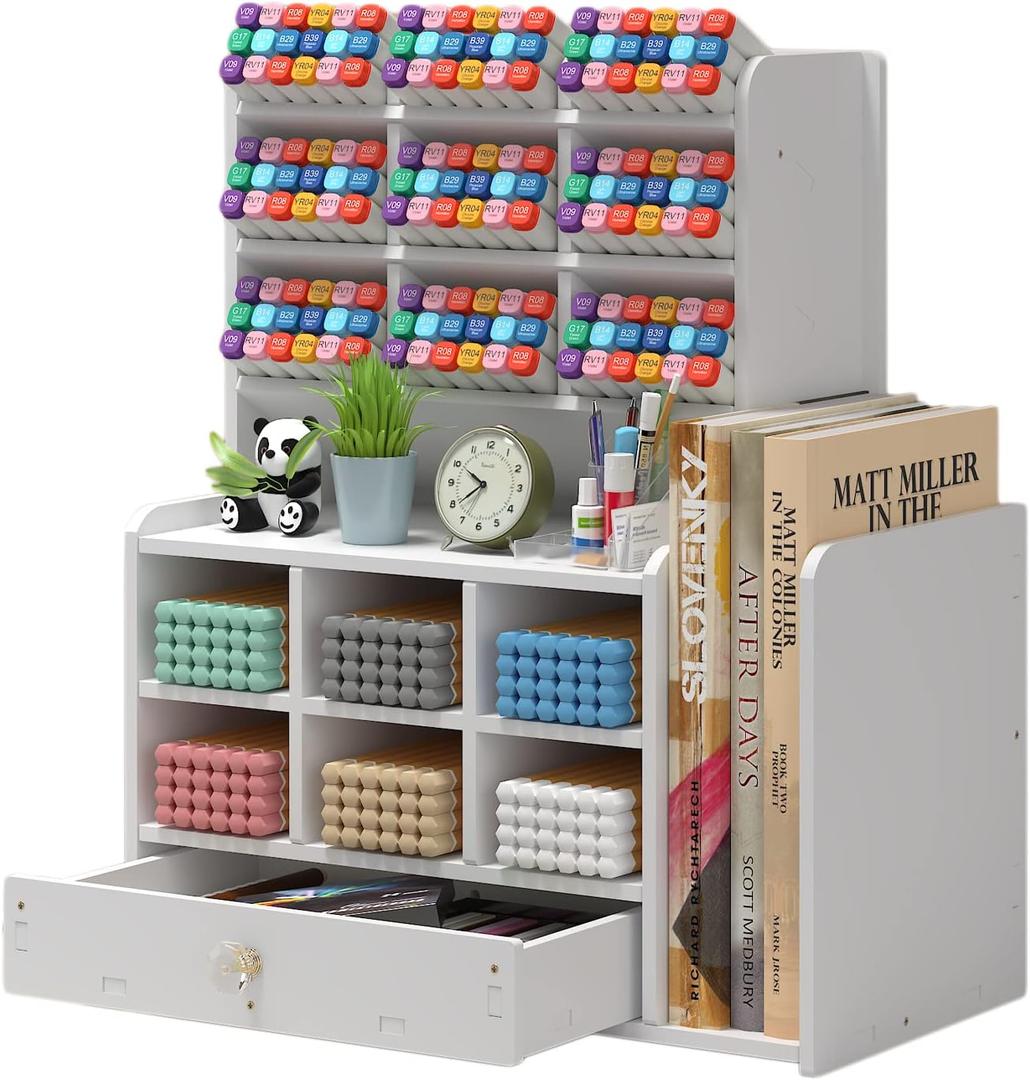 Pen organizer for desk, Marker organizer, Pen holder with drawer, Pencil Holder, with 15 Compartments and 1 Drawer, 1 File Holder Multi-Functional Desk Organizers (White)