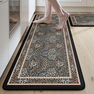 Collive Kitchen Mats for Floor, Cushioned Anti Fatigue Mat Floral Rugs 2 Piece Non Skid Waterproof Sink Rug, Memory Foam Comfort Standing Mat for Office, Laundry, Desk, Black/Multi (17.3"x47"+17.3"x29")