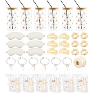 Vesici 42 Pcs Spa Sleepover Party Supplies Bulk for Women 6 Set Slumber Spa Birthday Gift Party Favor with Glass Cup, Eye Mask, Hair Tie, Hair Clip, Bracelet, Tote Bag, Ribbon(Daisies,White)