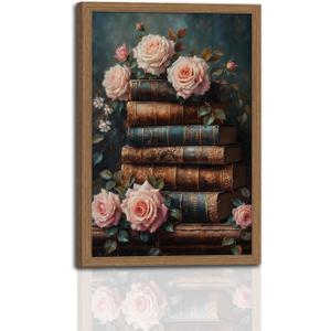 Vintage Framed Wall Art Roses and Books Canvas Prints, Dark Academia Wildflowers Oil Painting, Botanical Book Pictures Artwork for Living Room Bedroom Study Dark Wooden Frame 16x24in