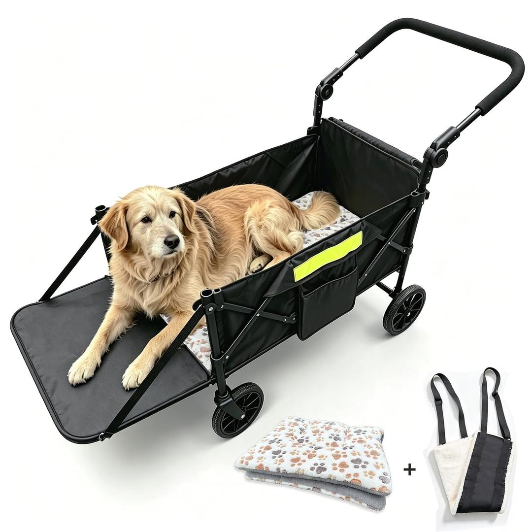 Dog Wagons for Large Senior Dogs, Foldable Elderly Dog Stroller with Thick Mat & Lift Harness, Heavy Duty Dog Cart Upto 140lbs