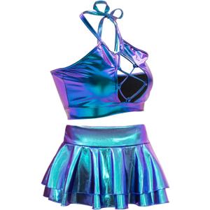 SFBBCLOZ Women's Rave Outfit Sets For Women Festivals 2 Pcs Metallic Tops Skirt EDM Party Club Holographic Rave Outfits Blue M