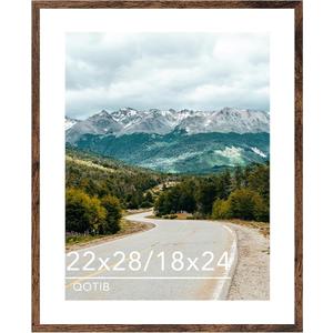 QOTIB Wood 22x28 Picture Frame with 18x24 Mat, Display 18x24 with Mat or 22x28 Without Mat, Wood 22 by 28 Photo Frame, 22 x 28 Frame for Wall Hanging Display, Deep Brown