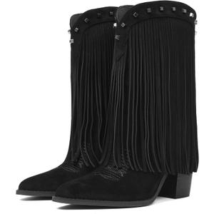 CYNLLIO Fringe Cowboy Boots for Women Cowgirl Western Mid Calf Pull On Boot Pointed Toe Chunky Heel Vaqueras Botas w/Embroidery Studded for Country Concert Rodeo, Size 8.5