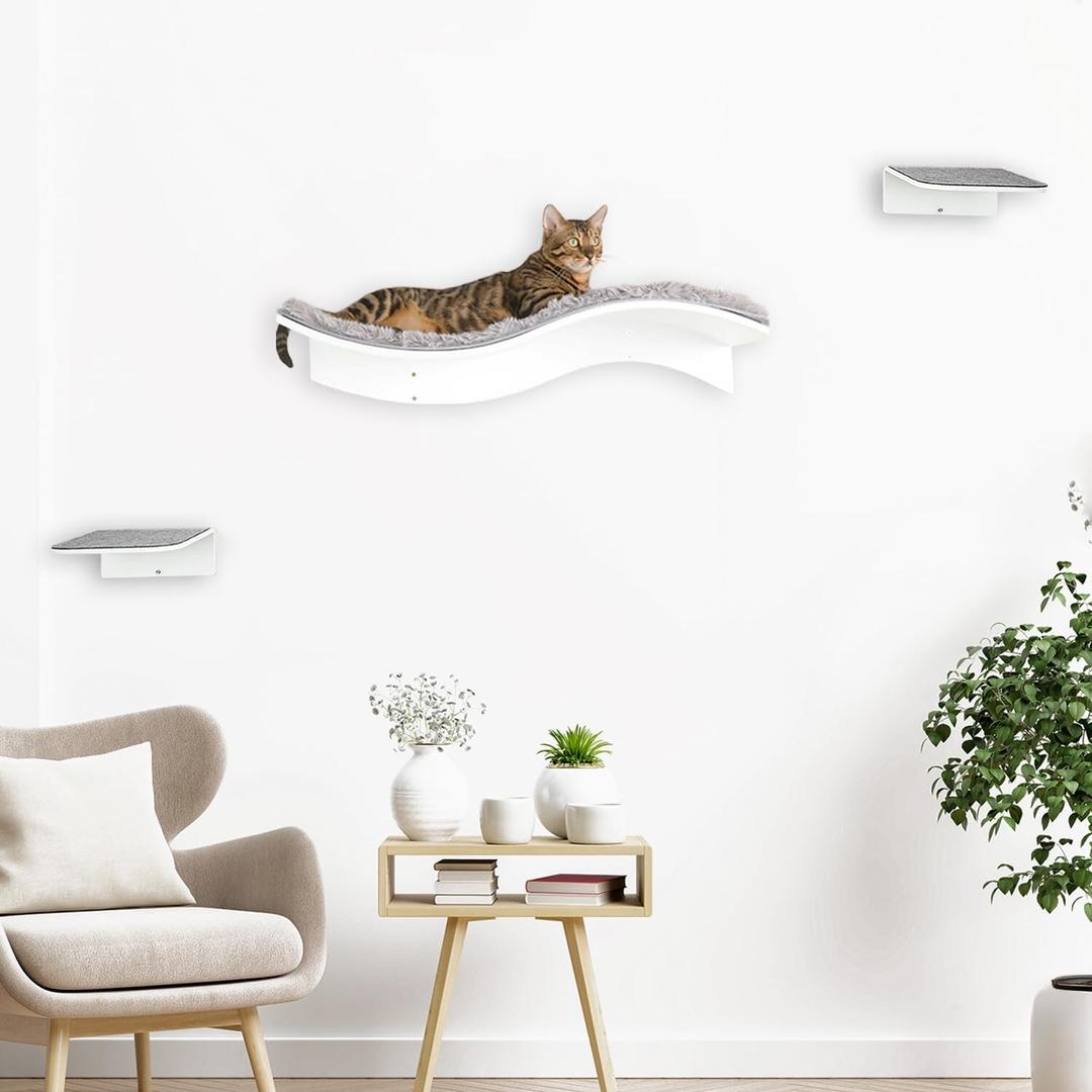 Wall-Mounted Cat Bed and Perch  Space-Saving Cat Furniture with Removable Carpet, Curved Wooden Shelf and Steps for Climbing, Lounging, and Scratching