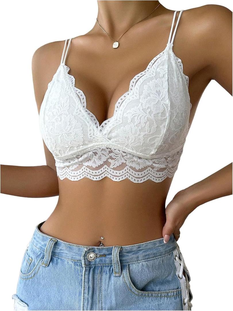 MakeMeChic Women's Floral Lace Bra Spaghetti Strap Scallop Trim Wireless Lingerie Bralette (Large, White) MakeMeChic Women's Floral Lace Bra Spaghetti Strap Scallop Trim Wireless Lingerie Bralette (Large, White)