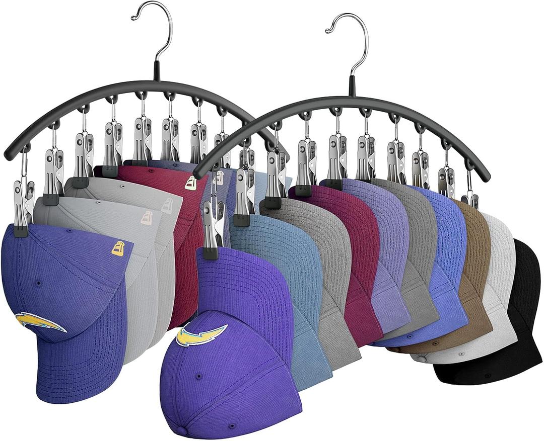 Yecuip Hat Hangers for Closet, Metal Hats Organizer Racks for Base Ball Caps 2 Pack Door Hats Racks for Baseball Cap with 10 Large Clips, Baseball Hat Holder for Closet Storage, Fits All Cap-Black