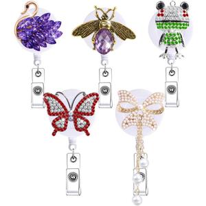 5Pcs Glitter Nurse Badge Reel Retractable Cute Nursing Student Bling Rhinestone Badge Holder Clip Gifts Crystal Animal Butterfly Frog Goose Bee Medical CNA RN ID Card Accessories
