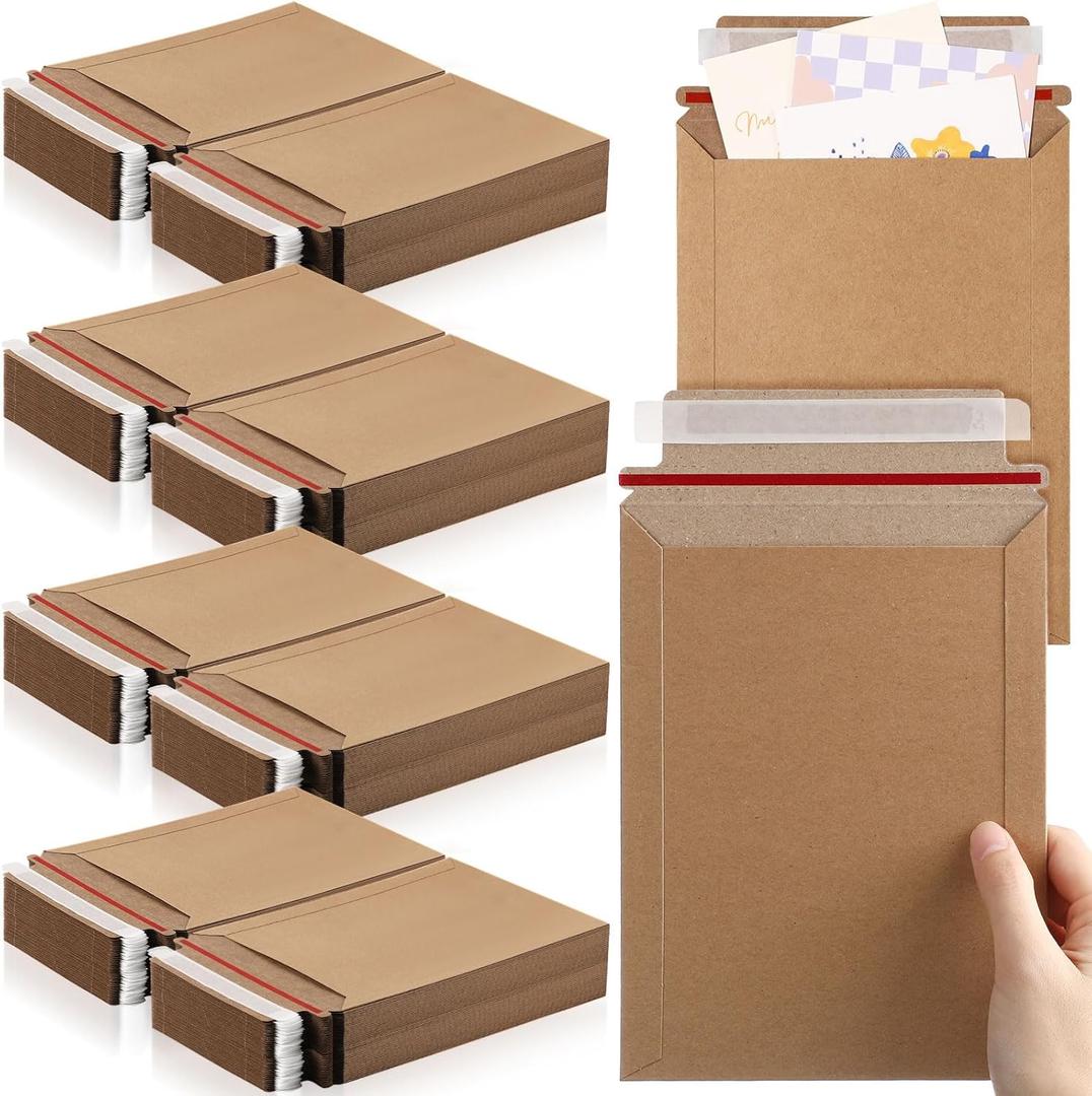 Fainne 200 Pack 6 x 8 Inch Rigid Mailers Self Adhesive Seal Photo Document Mailers 250gsm Keep Flat Kraft Photography Cardboard Envelopes for Shipping Cd, Photo, Gift Card, Document, Paper
