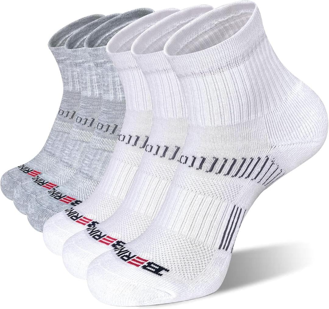 BERING Men's Athletic Cushion Quarter Socks (6 Pairs) (9-12, White/Grey)